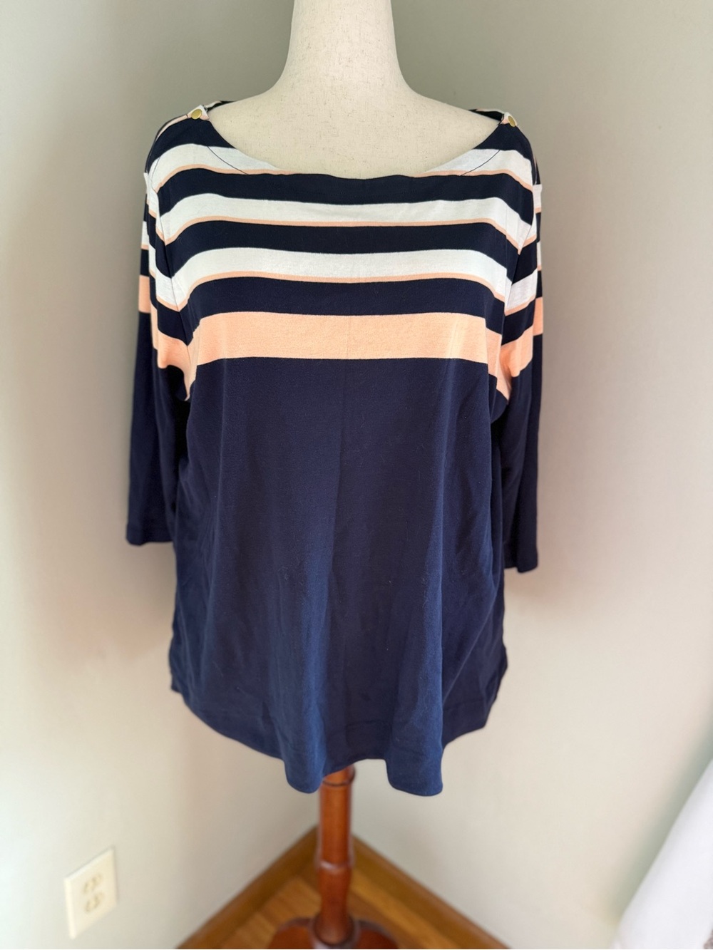 Navy Striped Boatneck Women's Top with Peach Accents